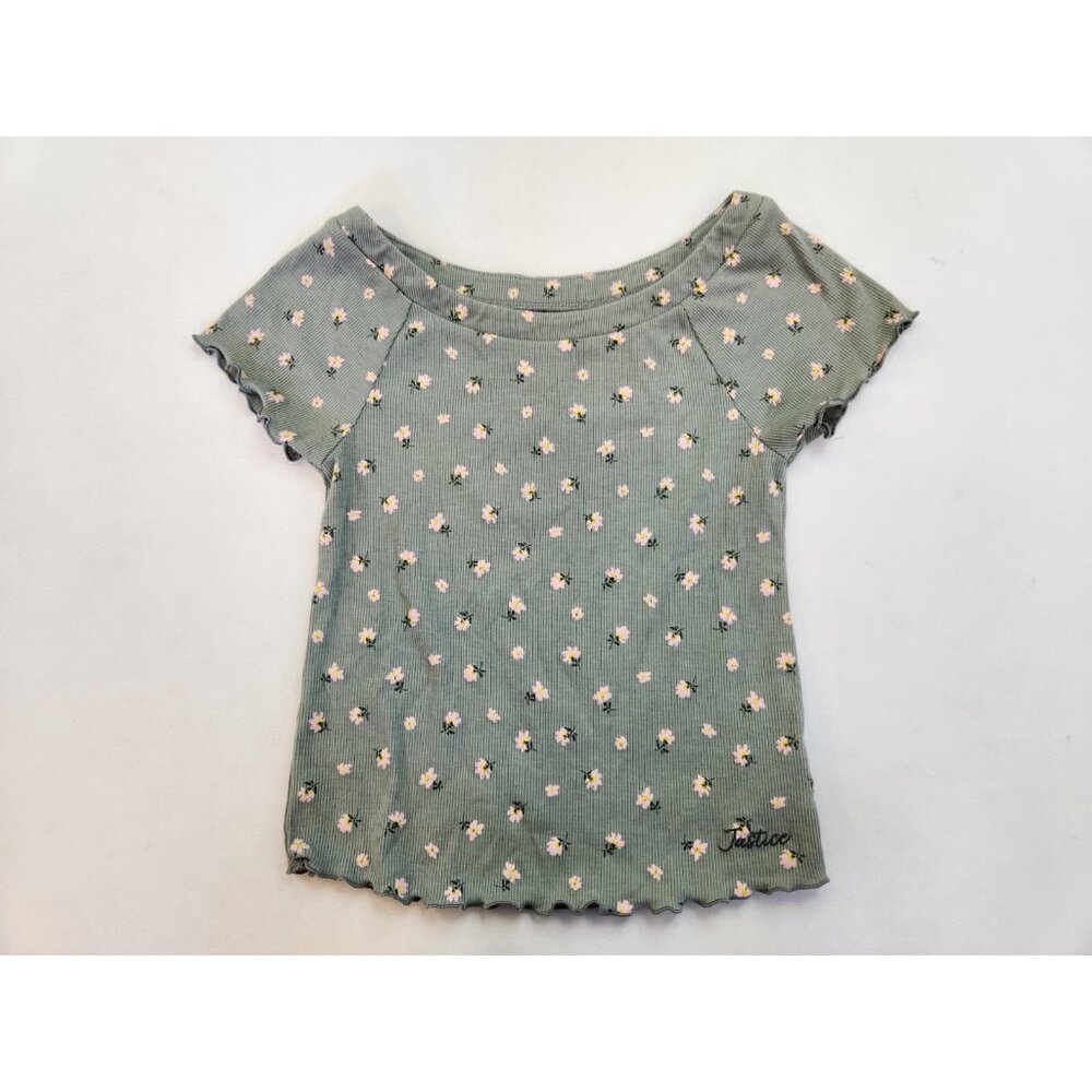 Justice Girls Ribbed Off The Shoulder Cropped Top Size 12 Green Floral Summer